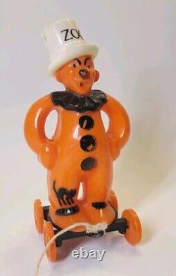 1940's RARE Vintage Rosbro Halloween Zook the Clown on Wheels Pull Toy Plastic