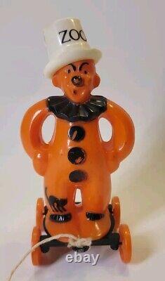 1940's RARE Vintage Rosbro Halloween Zook the Clown on Wheels Pull Toy Plastic