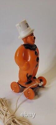 1940's RARE Vintage Rosbro Halloween Zook the Clown on Wheels Pull Toy Plastic