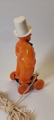 1940's RARE Vintage Rosbro Halloween Zook the Clown on Wheels Pull Toy Plastic