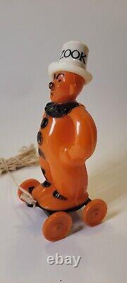 1940's RARE Vintage Rosbro Halloween Zook the Clown on Wheels Pull Toy Plastic