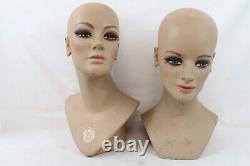 2 Vintage Fiberglass Mannequin Bust Head Wig Painted Eyes Halloween Rare