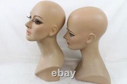 2 Vintage Fiberglass Mannequin Bust Head Wig Painted Eyes Halloween Rare
