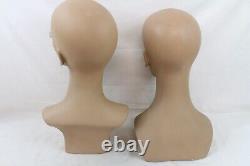 2 Vintage Fiberglass Mannequin Bust Head Wig Painted Eyes Halloween Rare