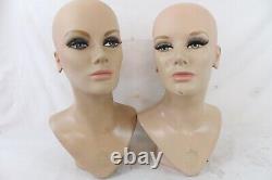 2 Vintage Fiberglass Mannequin Bust Head Wig Painted Eyes Halloween Rare Girl