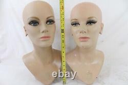 2 Vintage Fiberglass Mannequin Bust Head Wig Painted Eyes Halloween Rare Girl