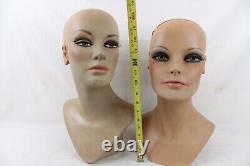 2 Vintage Fiberglass Mannequin Bust Head Wig Painted Eyes Halloween Rare Girl