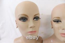 2 Vintage Fiberglass Mannequin Bust Head Wig Painted Eyes Halloween Rare Girl