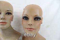 2 Vintage Fiberglass Mannequin Bust Head Wig Painted Eyes Halloween Rare Girl