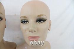 2 Vintage Fiberglass Mannequin Bust Head Wig Painted Eyes Halloween Rare Girl