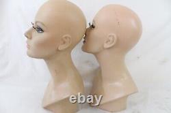 2 Vintage Fiberglass Mannequin Bust Head Wig Painted Eyes Halloween Rare Girl