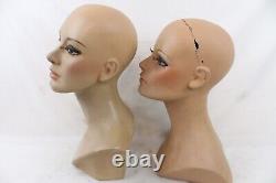 2 Vintage Fiberglass Mannequin Bust Head Wig Painted Eyes Halloween Rare Girl