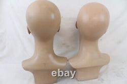 2 Vintage Fiberglass Mannequin Bust Head Wig Painted Eyes Halloween Rare Girl