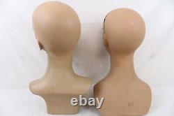 2 Vintage Fiberglass Mannequin Bust Head Wig Painted Eyes Halloween Rare Girl