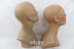 2 Vintage Fiberglass Mannequin Bust Head Wig Painted Eyes Halloween Rare Girl