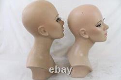 2 Vintage Fiberglass Mannequin Bust Head Wig Painted Eyes Halloween Rare Girl