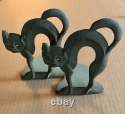 2 Vintage Halloween Cat Scaredy Cat Bronze Bookends Rare