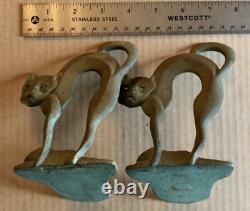 2 Vintage Halloween Cat Scaredy Cat Bronze Bookends Rare