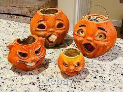 4 Vintage Paper Mache Cat & Pumpkin Jack O Lantern Original Paint Halloween Rare