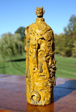 Antique Memory Jug Devil Head Folk Art Vase Vintage Halloween Mustard Paint RARE