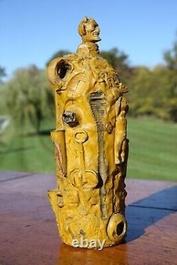 Antique Memory Jug Devil Head Folk Art Vase Vintage Halloween Mustard Paint RARE