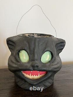 EXTREMELY RARE CONDITION Antique Vintage Black Cat Pulp Halloween Lantern 1940's