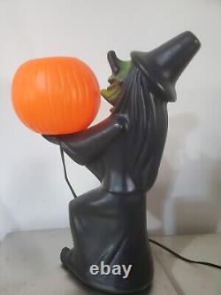 HTF Vintage 1960s Black Witch/Green Face Pumpkin Blow Mold Light Decoration RARE