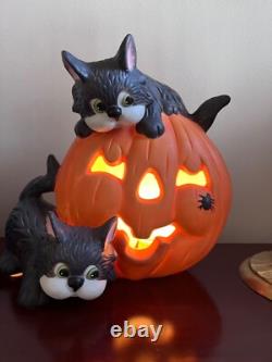 Halloween Cats Light Pumpkin Ceramic Black Cats Lamp Vintage rare