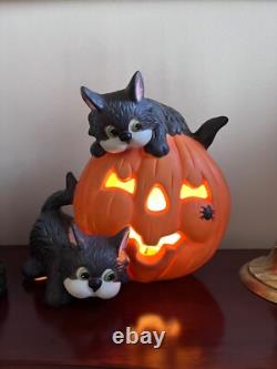 Halloween Cats Light Pumpkin Ceramic Black Cats Lamp Vintage rare