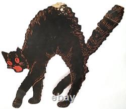 Halloween Howling Black Cat Orange Eyes Die-Cut Card Stock Dennison 1920s Rare