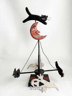 Halloween Primitive Folk Art Wood Merry Go Round Cat Moon Witch Centerpiec