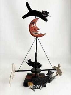 Halloween Primitive Folk Art Wood Merry Go Round Cat Moon Witch Centerpiec