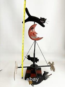 Halloween Primitive Folk Art Wood Merry Go Round Cat Moon Witch Centerpiec