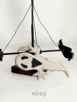 Halloween Primitive Folk Art Wood Merry Go Round Cat Moon Witch Centerpiec