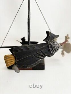 Halloween Primitive Folk Art Wood Merry Go Round Cat Moon Witch Centerpiec