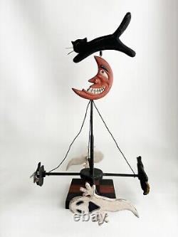 Halloween Primitive Folk Art Wood Merry Go Round Cat Moon Witch Centerpiec