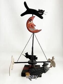 Halloween Primitive Folk Art Wood Merry Go Round Cat Moon Witch Centerpiec