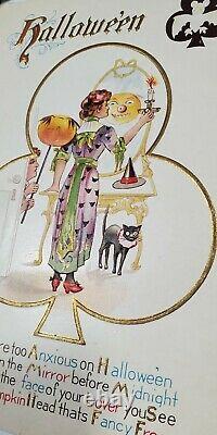 Halloween Vintage Nash Woman in Mirror White Bat Black Cat JOL Rare Postcard S11