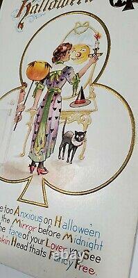 Halloween Vintage Nash Woman in Mirror White Bat Black Cat JOL Rare Postcard S12