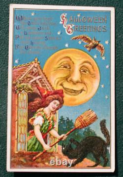 Halloween Vintage Winsch Postcard, 1920's, Witch Threatens Cat with Broom, RARE