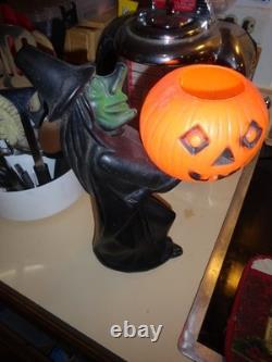 Htf Vintage 1960s Black Witch/green Face Pumpkin Blow Mold Light Decoration Rare