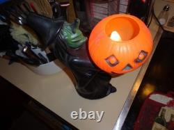 Htf Vintage 1960s Black Witch/green Face Pumpkin Blow Mold Light Decoration Rare