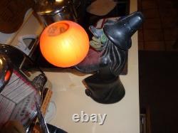 Htf Vintage 1960s Black Witch/green Face Pumpkin Blow Mold Light Decoration Rare