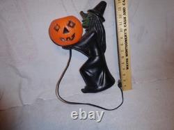 Htf Vintage 1960s Black Witch/green Face Pumpkin Blow Mold Light Decoration Rare