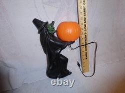 Htf Vintage 1960s Black Witch/green Face Pumpkin Blow Mold Light Decoration Rare