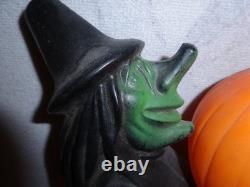 Htf Vintage 1960s Black Witch/green Face Pumpkin Blow Mold Light Decoration Rare