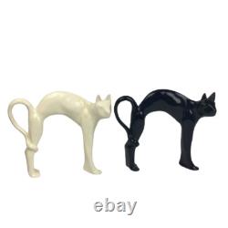 Pair of Vtg MCM Cat Figurines Black & White Ceramic RARE 9X8 Halloween Cats