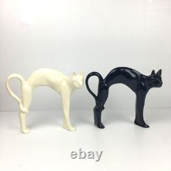 Pair of Vtg MCM Cat Figurines Black & White Ceramic RARE 9X8 Halloween Cats