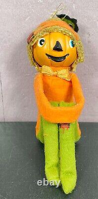 Pumpkin Knee Hugger Scarecrow with black owl Halloween Japan Vintage Pixie Sitter