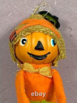 Pumpkin Knee Hugger Scarecrow with black owl Halloween Japan Vintage Pixie Sitter